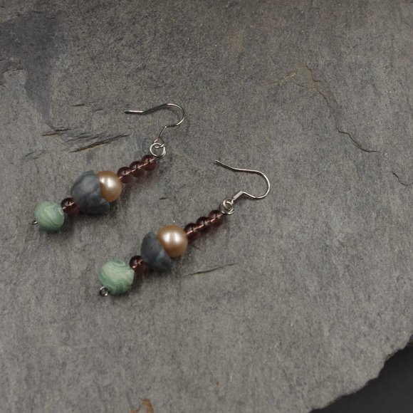 Boho Dangle Beaded Earrings with Pearls and Handmade Polymer Clay Beads - Picture 2 of 6